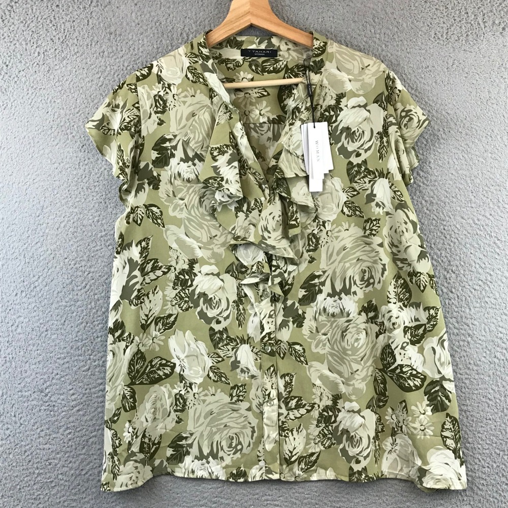 New Tahari Woman Floral Ruffle V Neck Short Sleeve Blouse Top 1X Leaf Print